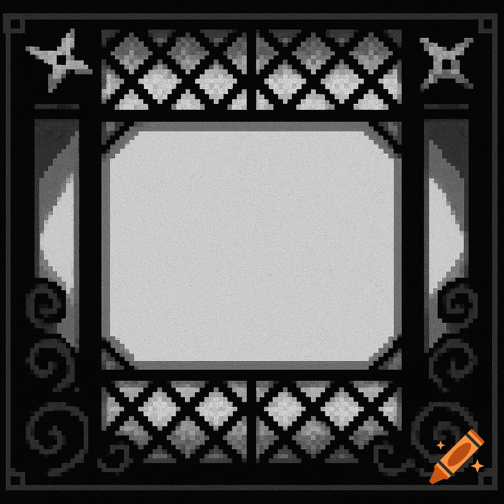 A black and white pixel art frame for a text box, featuring decorative elements like diamonds, swirls, and shuriken in the corners.