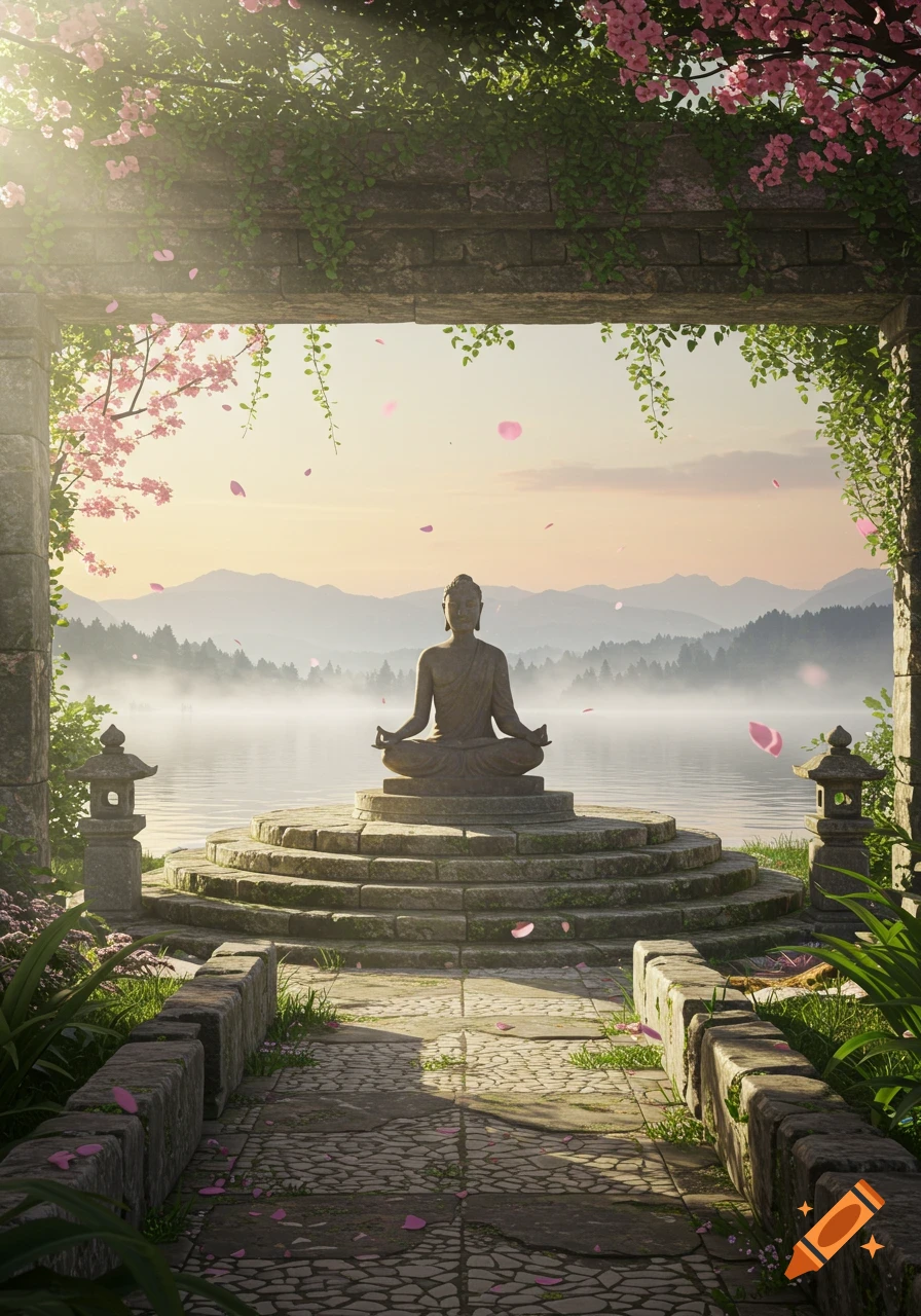 Photorealistic image of a Buddha statue by a misty lake at sunrise, framed by a stone arch with pink cherry blossoms and falling petals.
