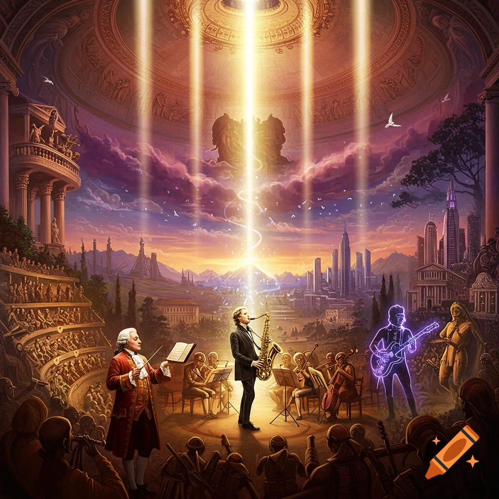 A fantastical musical scene with a classical conductor, a saxophonist, and a glowing guitarist, amidst ancient architecture and a modern city under cosmic light beams.
