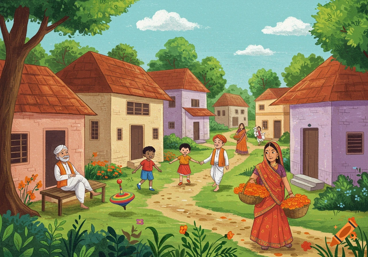 Vibrant illustration of an Indian village scene with people, houses, and  trees. Children play while adults go about their day. on Craiyon, image size:1280x896