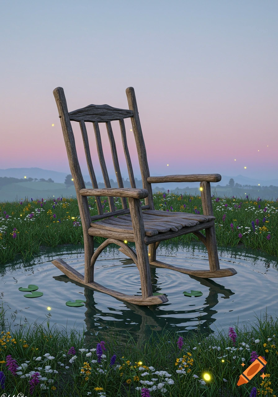 An old wooden rocking chair sits in a shallow pond amidst wildflowers and glowing fireflies at twilight. A serene landscape.