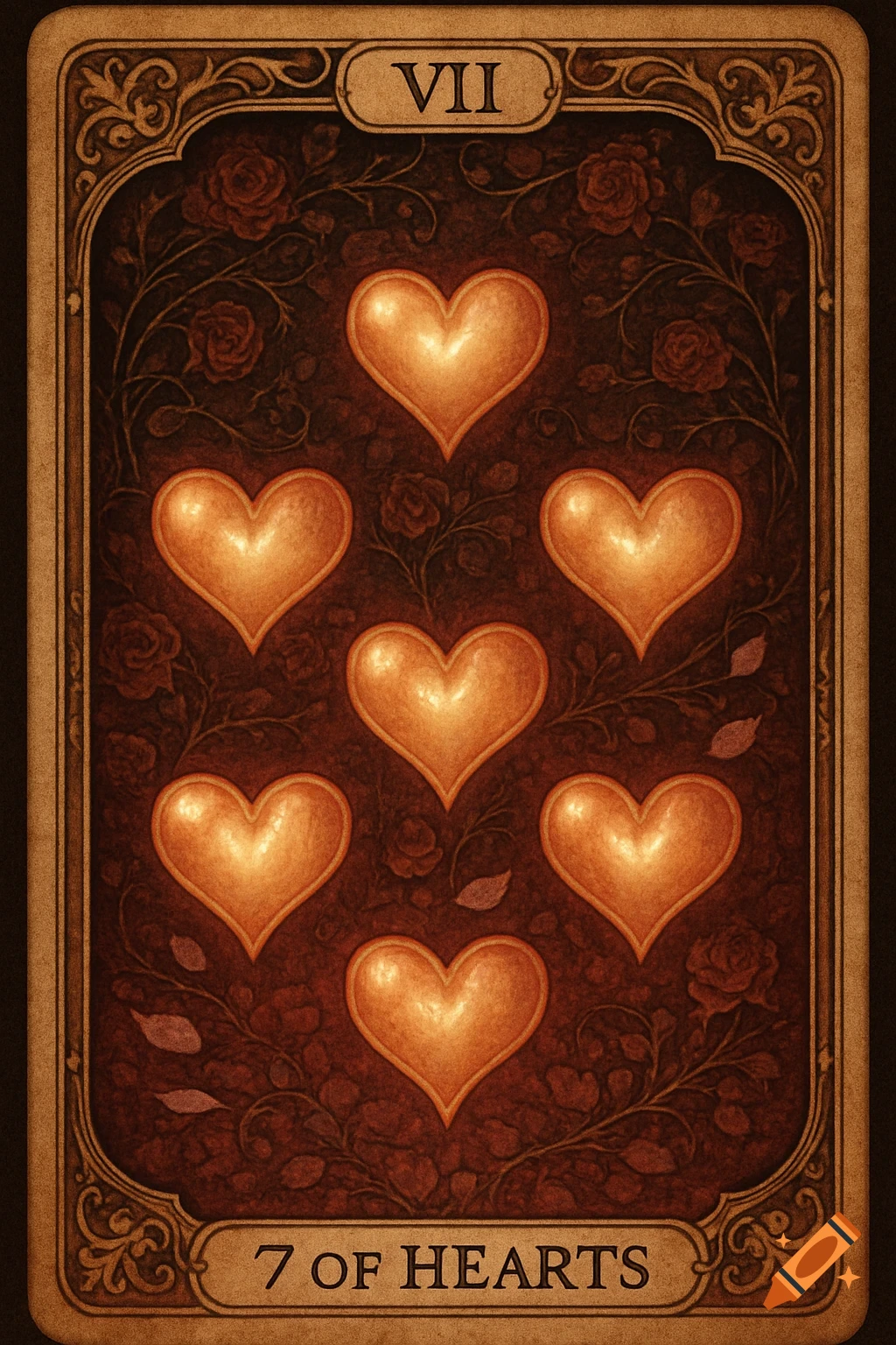 Stylized tarot card for the 7 of Hearts, featuring seven glowing orange hearts on a dark, ornate background with roses.