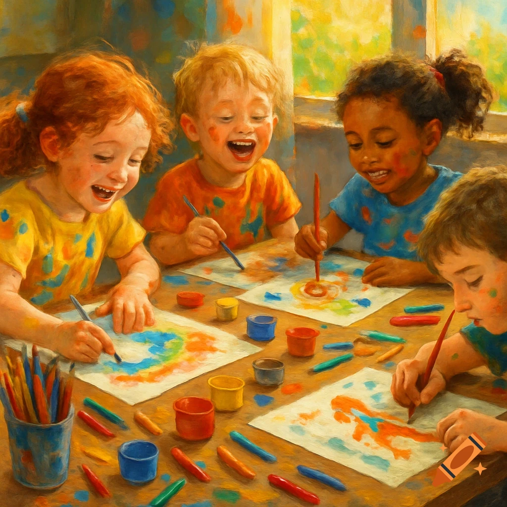 Four happy, diverse children with paint-splattered faces and clothes are enthusiastically painting at a table in a bright, painterly style.