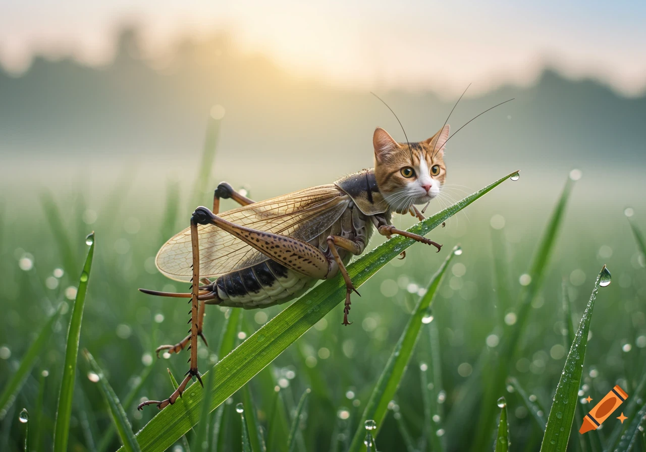 A photorealistic image of a cricket with the head of an orange and white cat, perched on a dewy green blade of grass at sunrise.