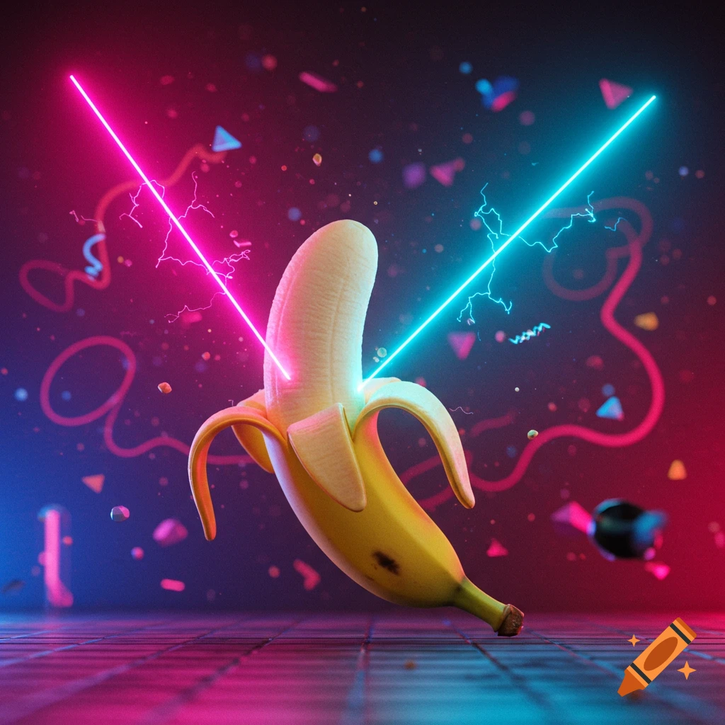 A peeled banana with pink and blue laser beams, in a dark, neon-lit, retro-futuristic setting.