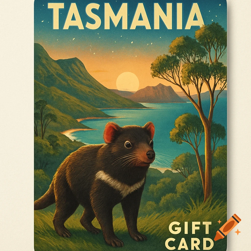 Vintage-style poster with a Tasmanian devil in a scenic landscape at sunset, featuring text 'TASMANIA' and 'GIFT CARD'.