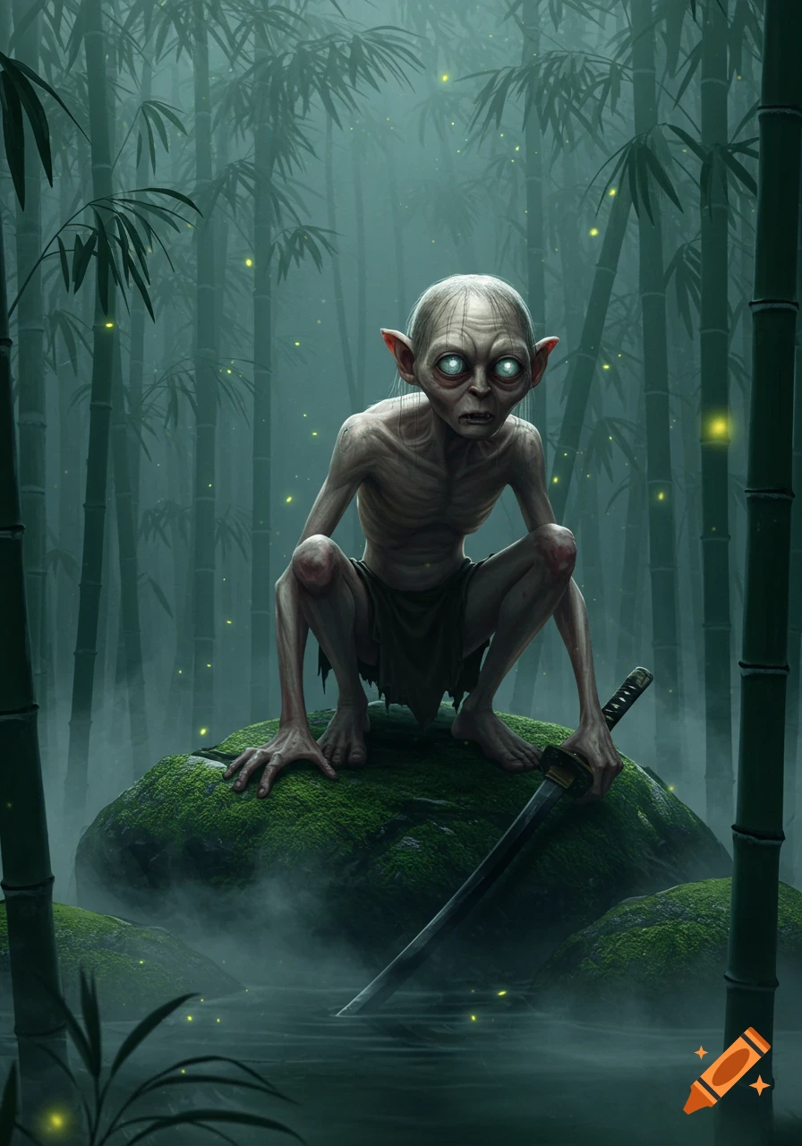 Gaunt, pale Gollum-like creature crouches on a mossy rock in a misty bamboo forest, holding a katana.