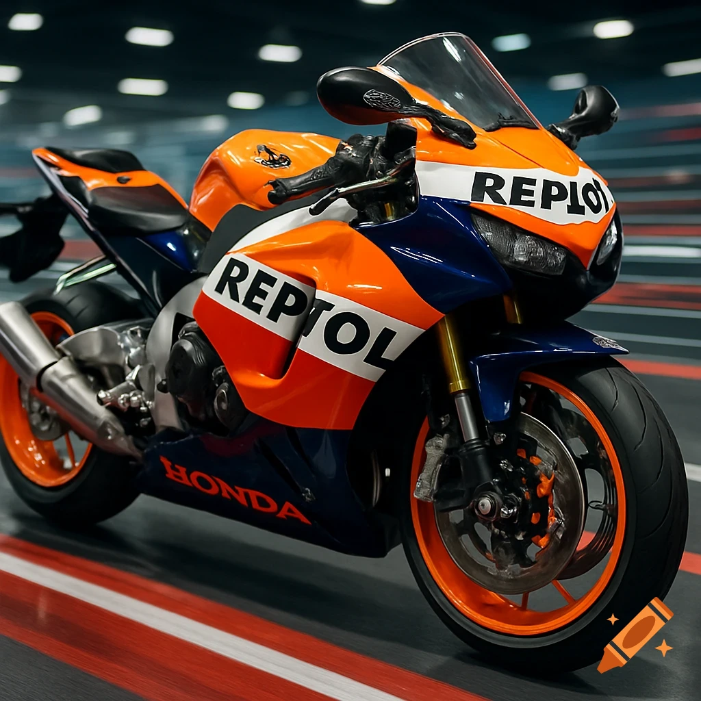 A photorealistic Honda Repsol sportbike, orange, blue, and white, with branding visible, parked on a race track.