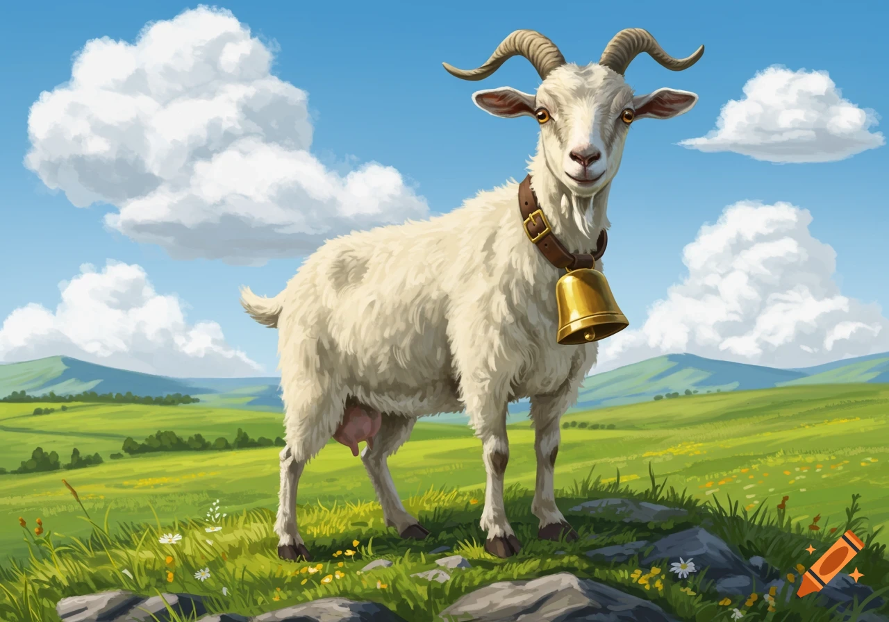An illustrative white goat with horns and a golden bell stands in a lush green field under a blue, cloudy sky.