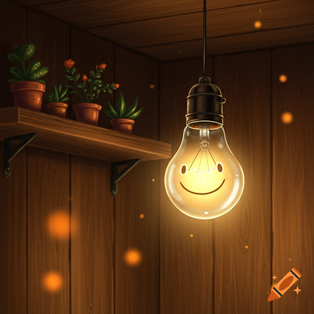An illustrated glowing lightbulb with a smiley face hangs in a cozy wooden room with potted plants and warm light particles.