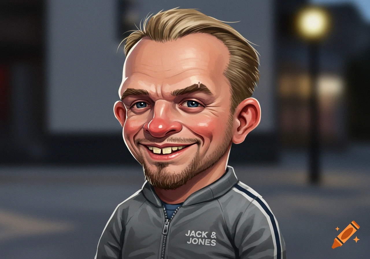 A cartoon caricature of a smiling man with a receding blonde hairline, neck beard, and buck teeth, wearing a grey Jack & Jones tracksuit.