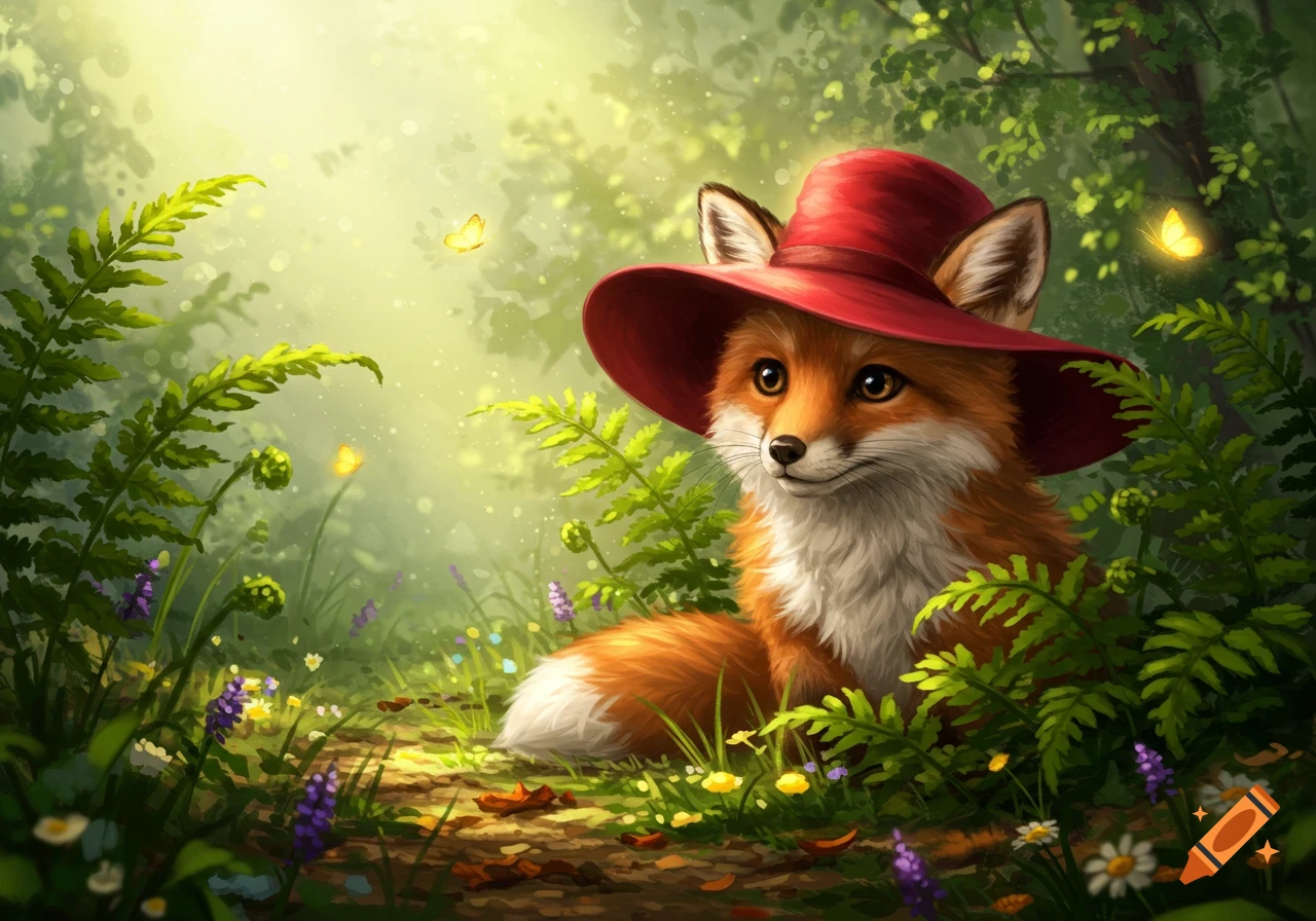 A cute fox in a red hat sits amidst ferns and wildflowers in a magical, sunlit forest with glowing butterflies.
