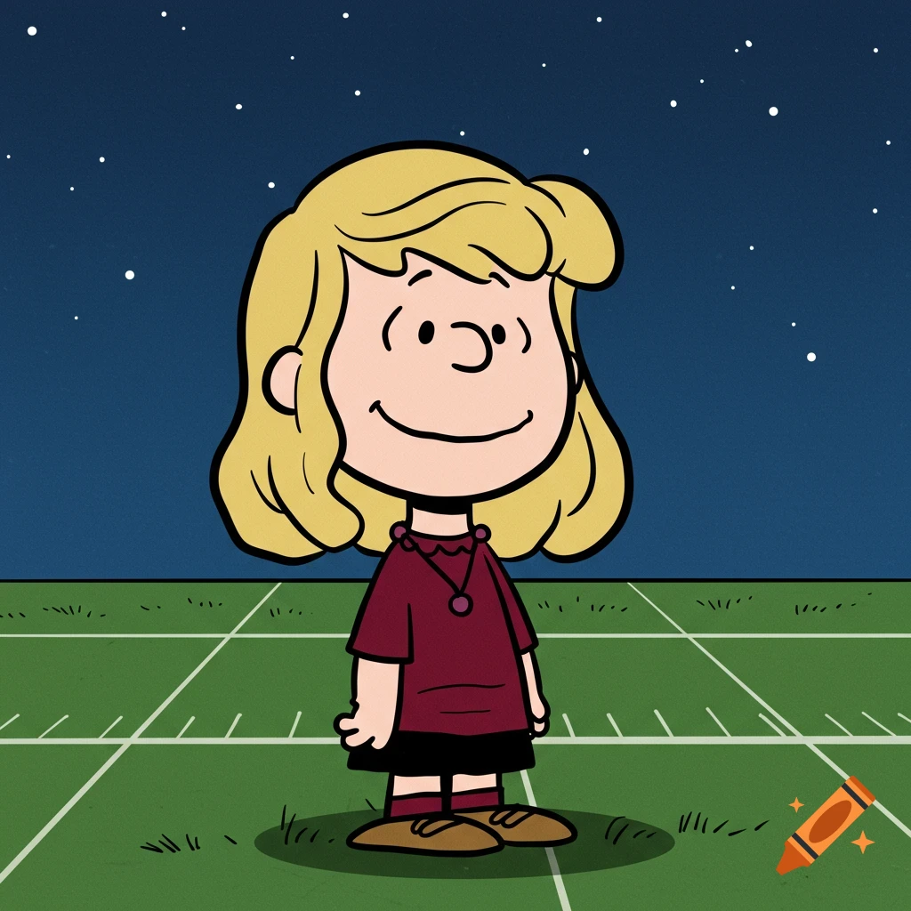 Peanuts-style cartoon of a smiling young woman with blonde hair, wearing a maroon shirt, standing on a football field at night.