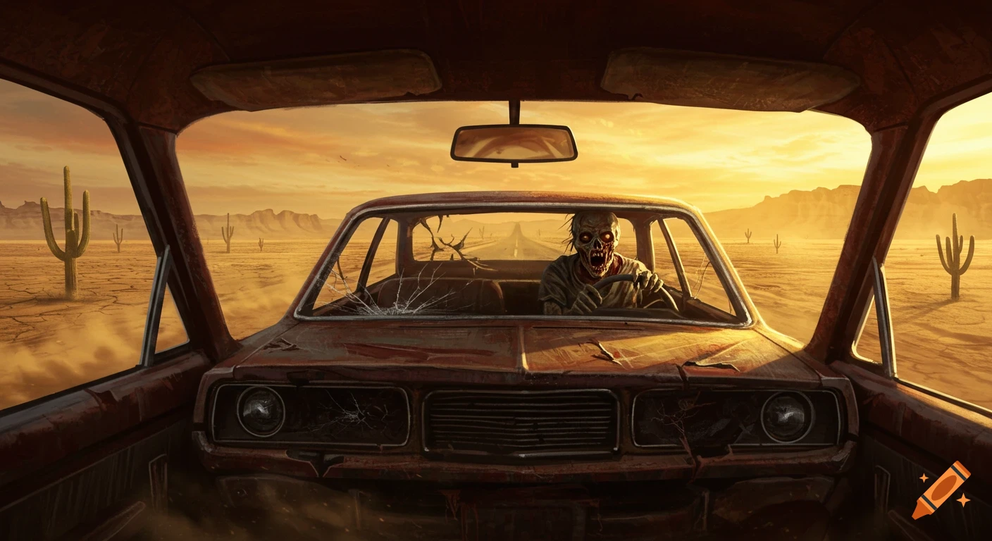 Illustrated zombie driving a rusty car down a desert highway at sunset, viewed from inside the car.