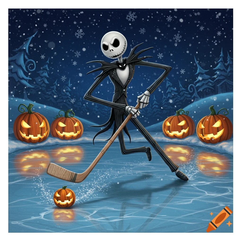 Cartoon Jack Skellington plays ice hockey with a small pumpkin puck, surrounded by glowing jack-o'-lanterns in a snowy forest.