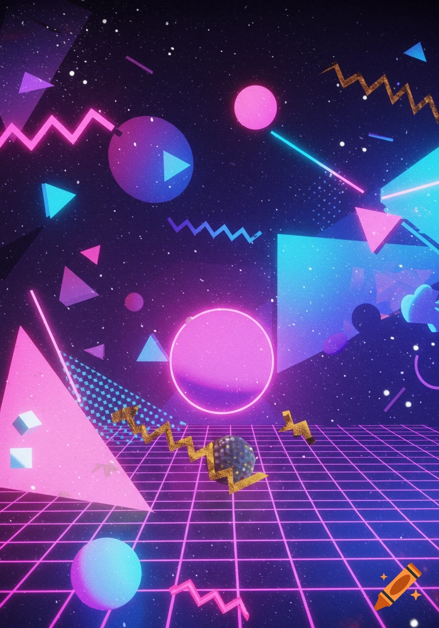 Neon 90s retro abstract background with pink and blue geometric shapes, zigzags, and a glowing grid.