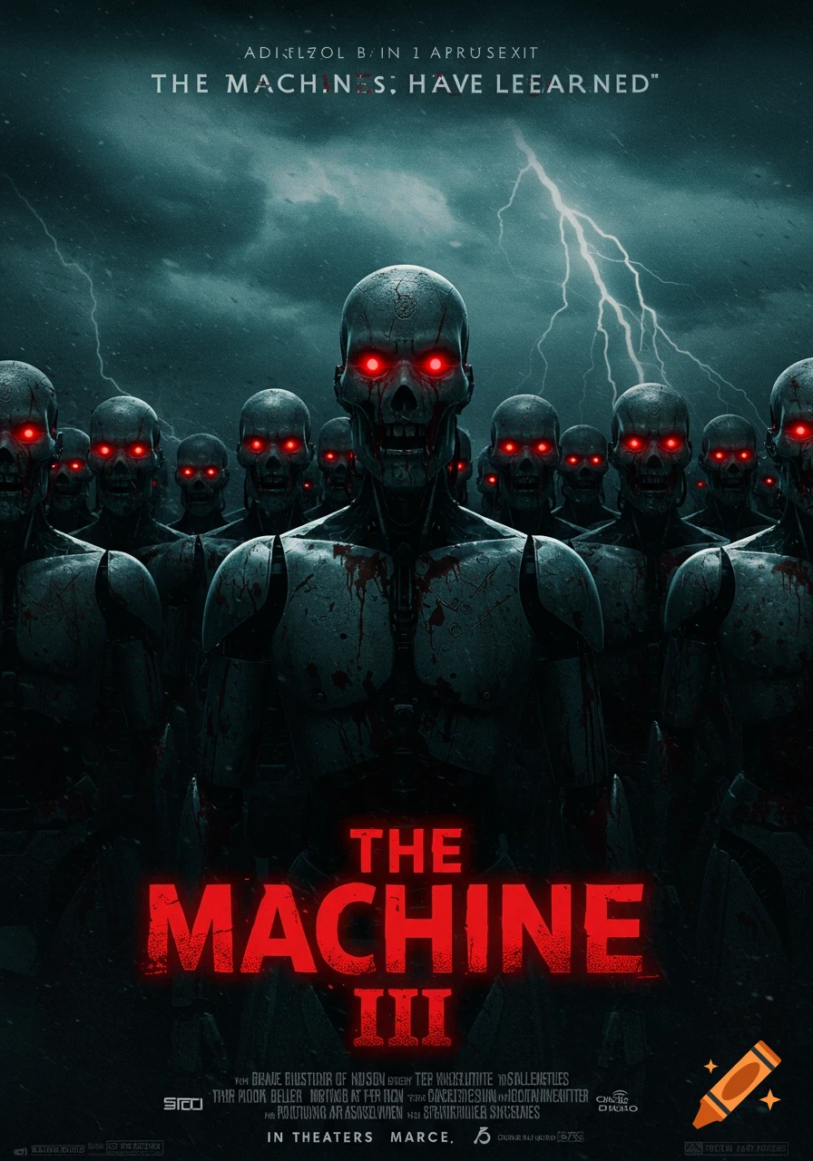 A dark horror movie poster depicts an army of skeletal robots with glowing red eyes under a stormy, lightning-filled sky. The title "THE MACHINE III" is prominently displayed in red.