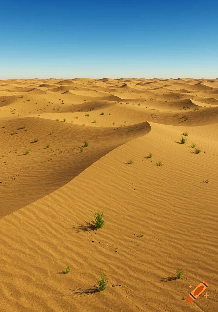 Photorealistic landscape of golden sand dunes with sparse green grass under a clear blue sky.