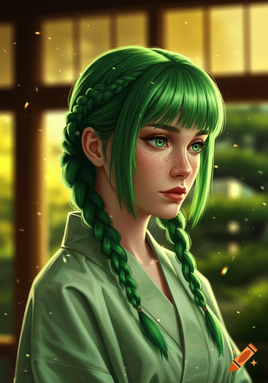 Digital art portrait of a woman with vibrant green hair, braids, bangs, freckles, and green eyes, wearing a green kimono.