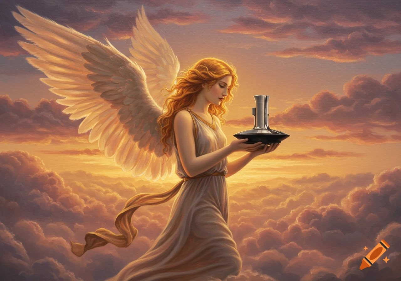 A red-haired angel in a white gown stands in a golden, cloudy sunset sky, holding a stylized metallic object in an oil painting.