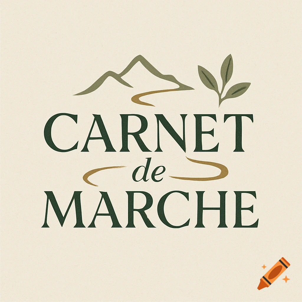 Logo for 'Carnet de Marche' magazine with stylized mountains, a path, and leaves in green and gold on a cream background.