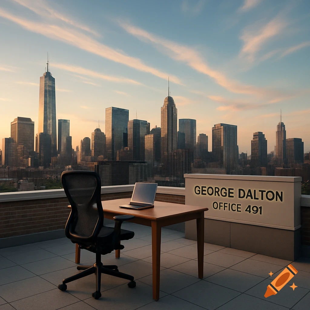 Photorealistic rooftop office with a desk, chair, laptop, and a sign 'George Dalton Office 491', set against a city skyline at sunset.