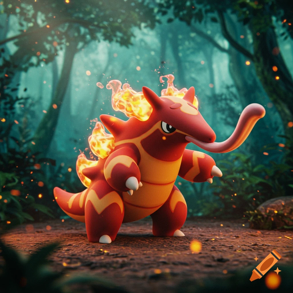 A red ant-eater-like fire creature with yellow stripes and flames on its back stands in a forest with glowing embers.