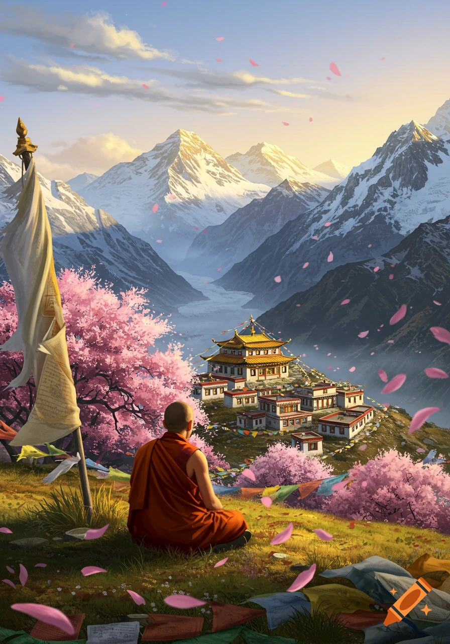 A monk meditates on a grassy hill overlooking a mountain temple and snowy peaks, with pink cherry blossoms and falling petals.