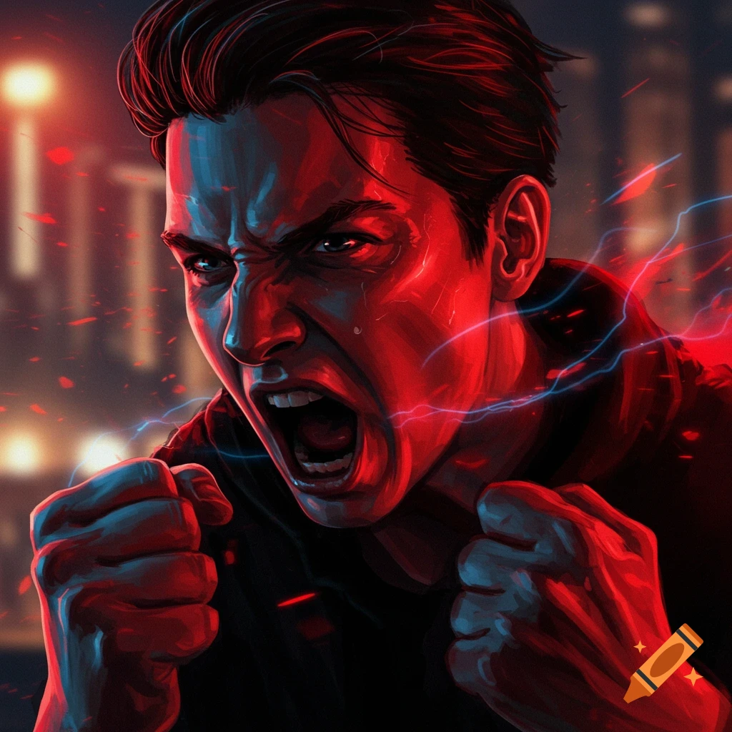 A furious man screams with clenched fists, illuminated by dramatic red and blue light and electric effects in an illustration.