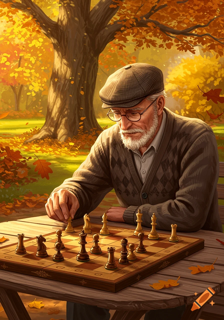 An old man with a beard and cap intently plays chess at a wooden table in an autumn park, surrounded by golden leaves.