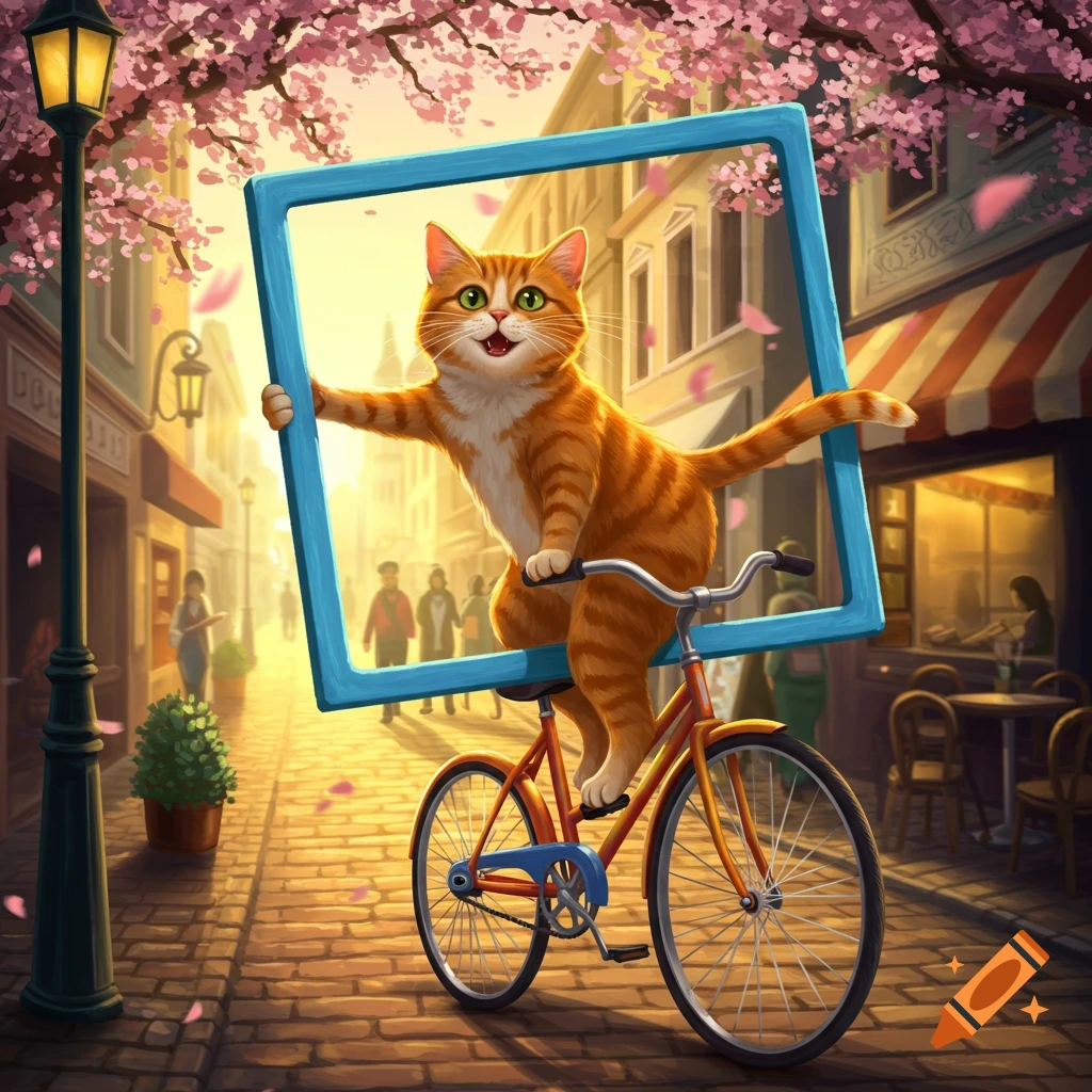 Whimsical illustration of an orange tabby cat riding a bicycle with a blue frame on a cherry blossom-lined street.