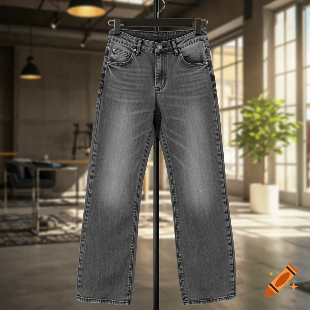 A pair of gray baggy low-rise jeans hangs on a rack in a well-lit room.