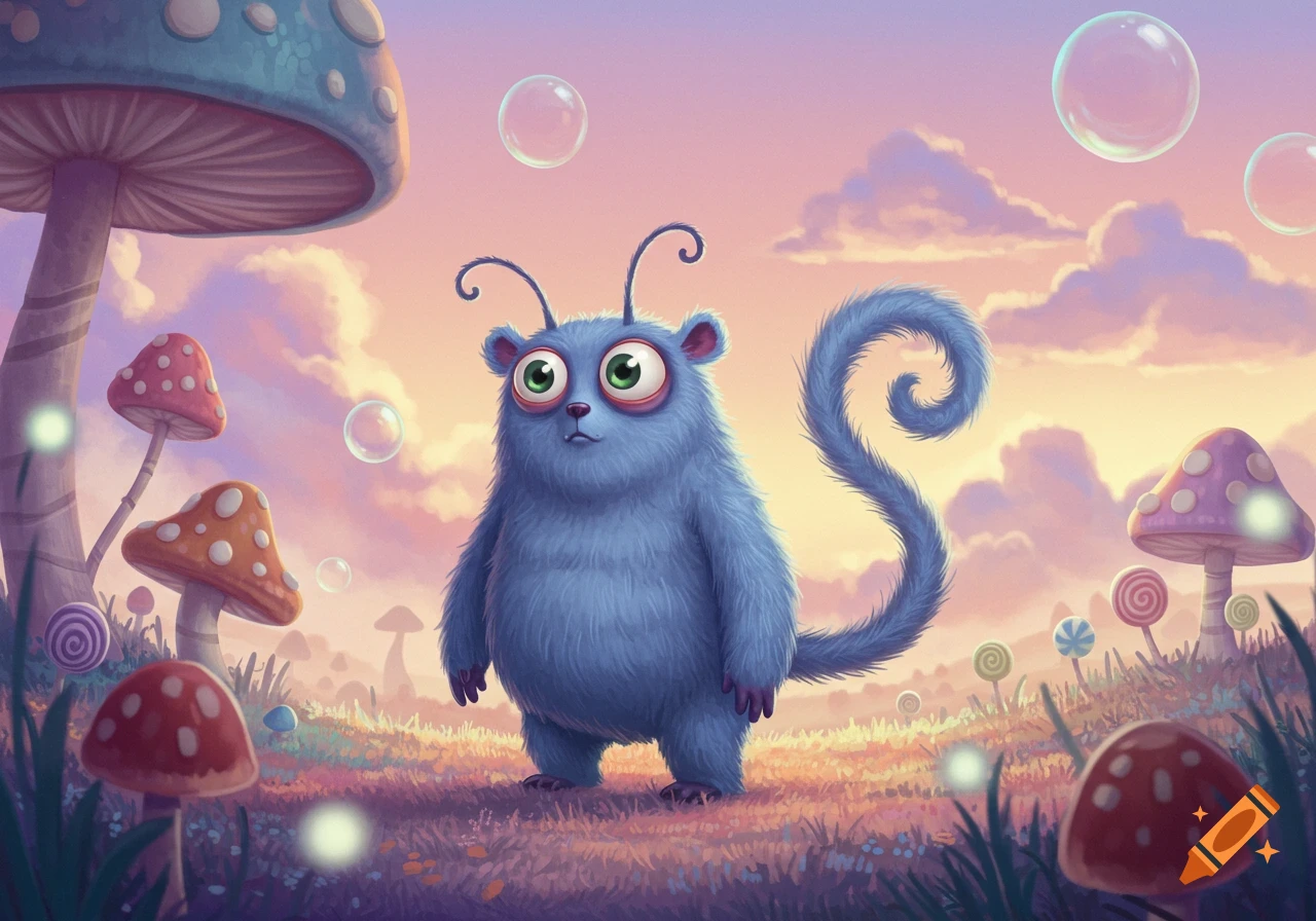 A blue, furry, bug-eyed creature with a curly tail stands among colorful mushrooms and floating bubbles in a whimsical, pastel landscape.