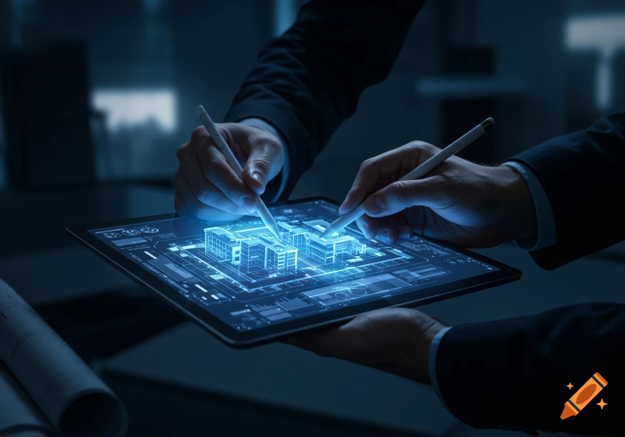 Close-up of hands using styluses on a glowing tablet, displaying a futuristic 3D building model in a dark office.