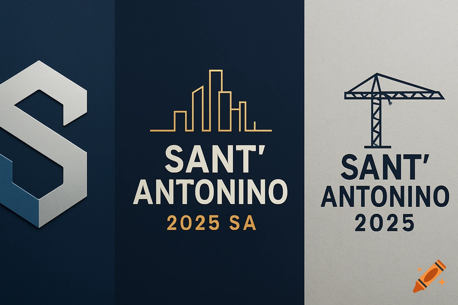 Three corporate logo designs for Sant'Antonino 2025: a silver 'S' emblem, a gold cityscape outline with text, and a blue crane icon with text.