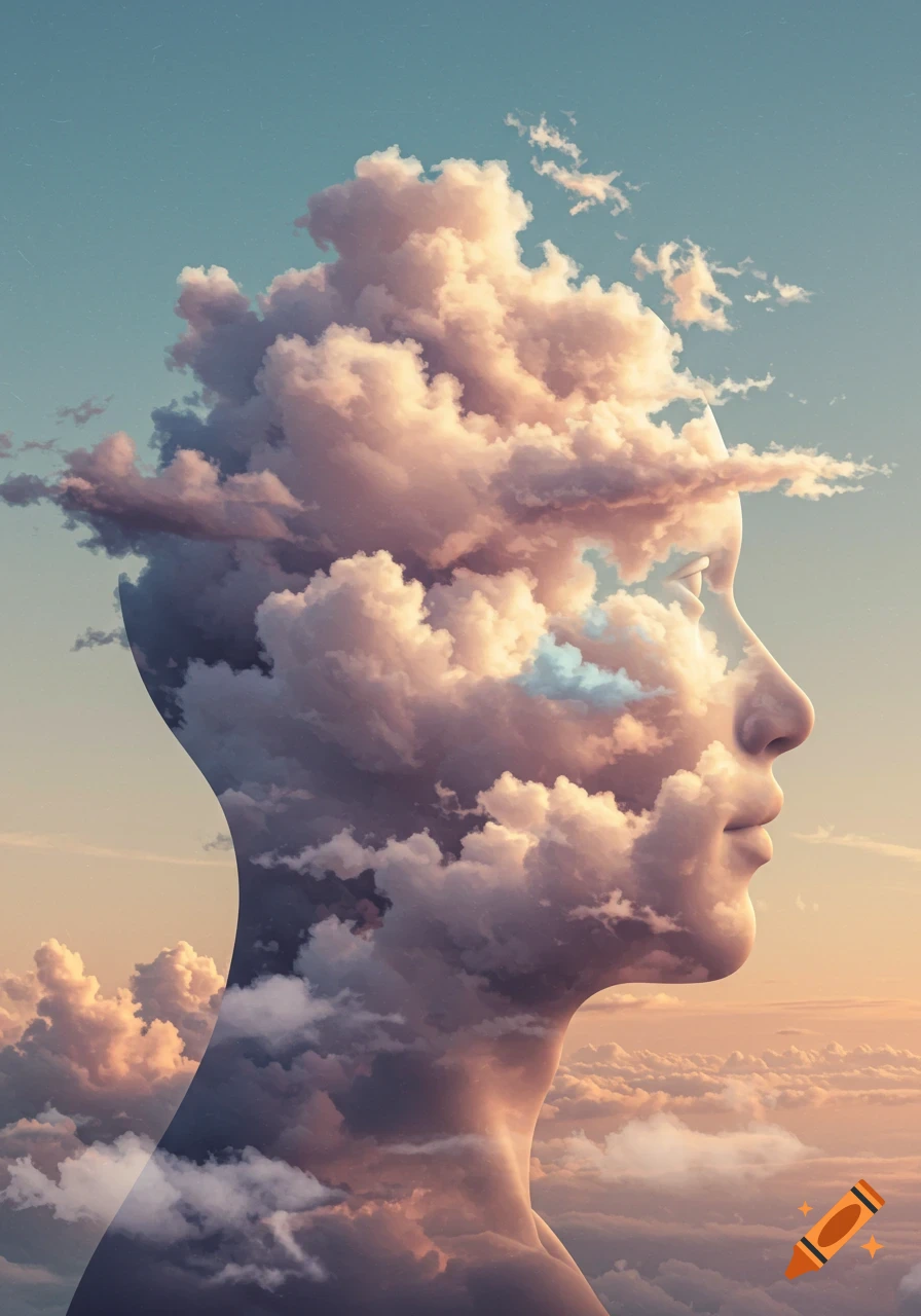 Profile of a human head filled with warm-toned clouds against a blue sky, conceptual art.
