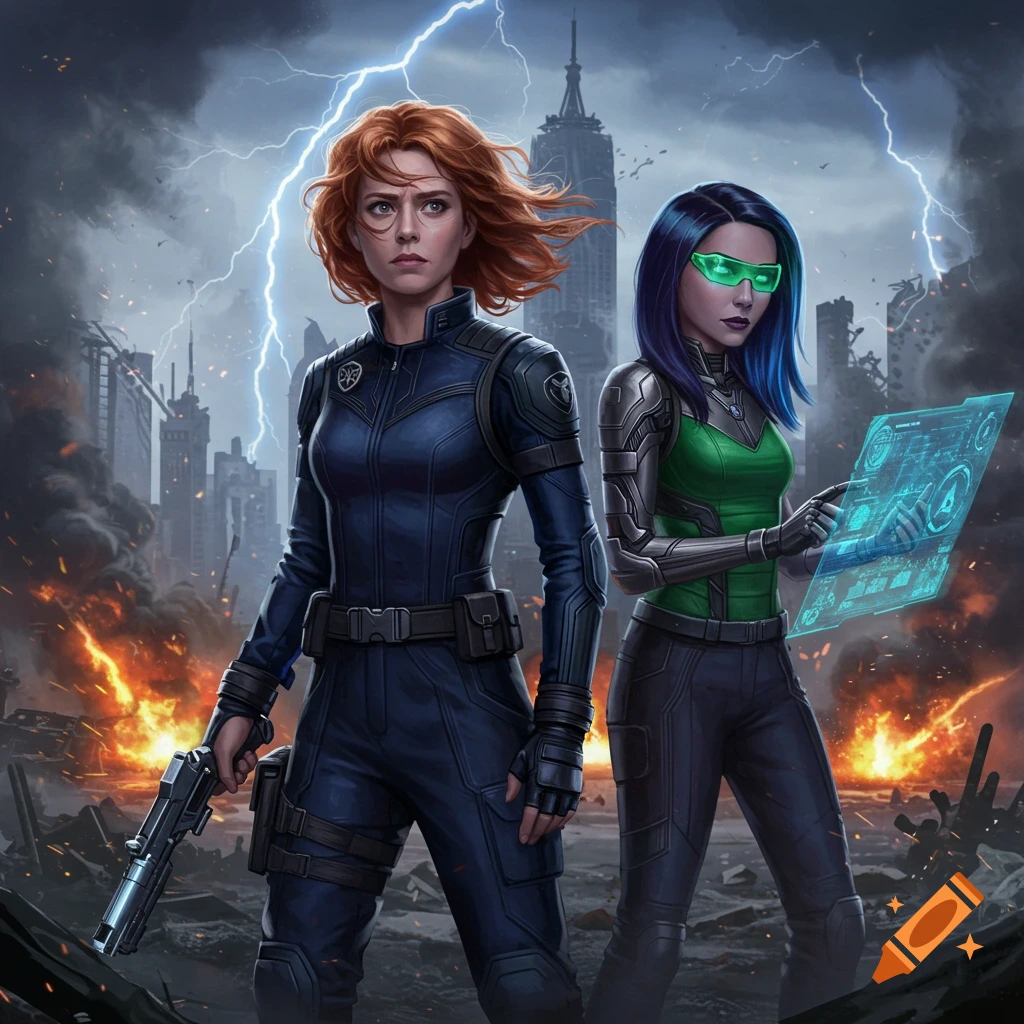 Two women in tactical suits stand in a ruined, stormy city. One holds a futuristic gun, the other interacts with a holographic screen.
