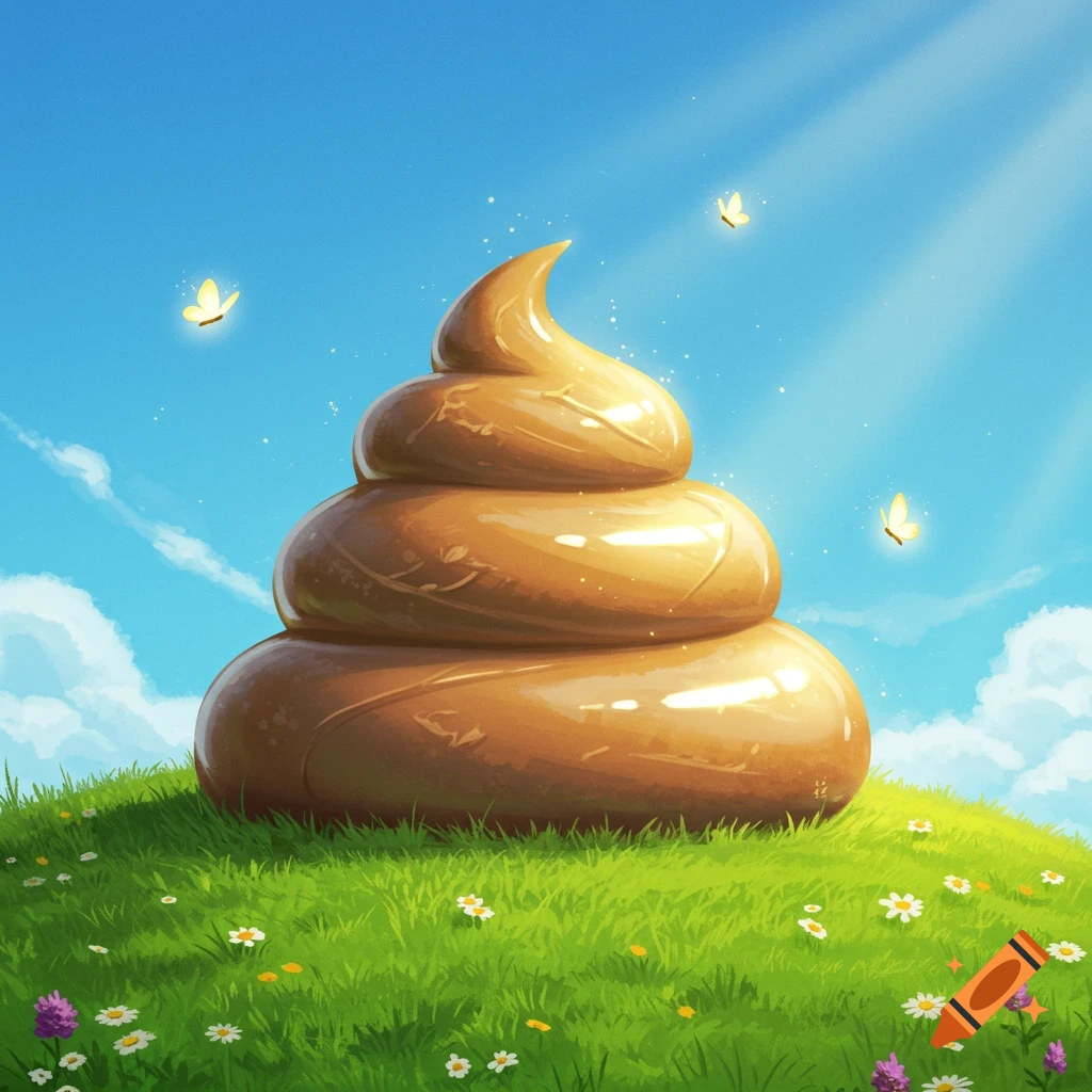 A large, stylized pile of poop sits on a bright green grassy hill under a blue sky with clouds, white flowers, and yellow butterflies.