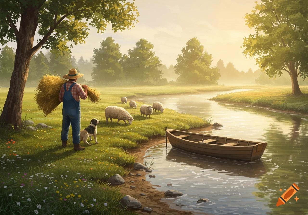 A farmer carries hay with his dog by a river where sheep graze and a boat is docked, in a warm, painterly countryside scene.