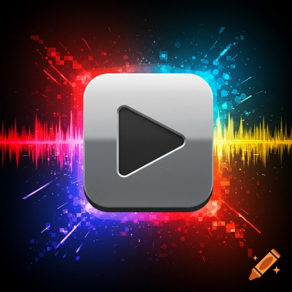 A silver play button icon centered on a black background with colorful, pixelated sound waves in red, blue, and yellow radiating outwards.