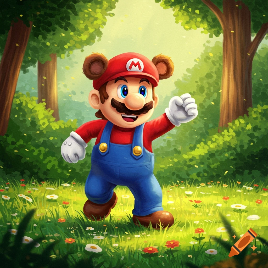 Cartoon Mario with bear ears on his red hat, red shirt, blue overalls, dancing in a vibrant forest with flowers.