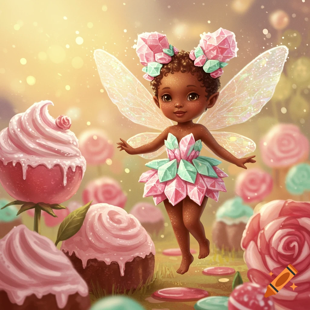 A cute dark-skinned fairy with crystal wings and a pink and teal crystal dress floats in a whimsical candy land with giant cupcakes and lollipops.