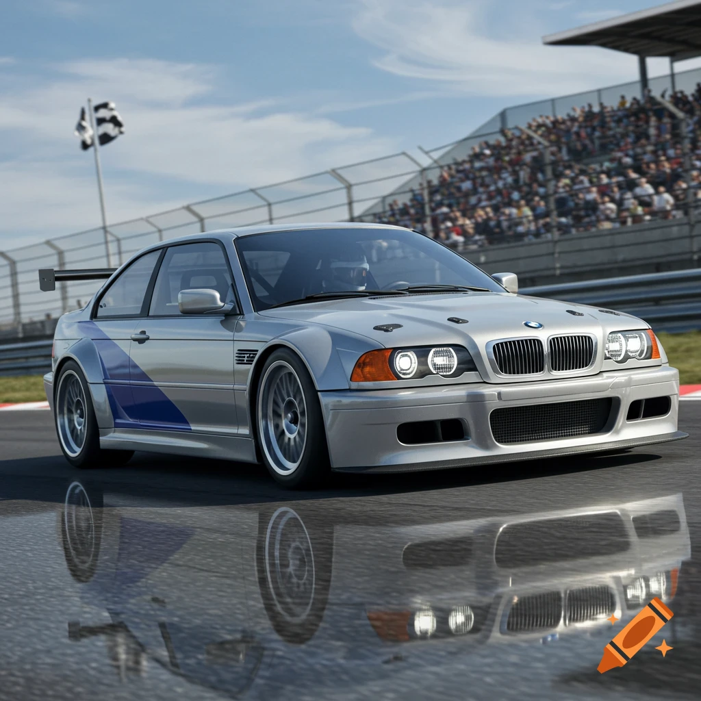 A silver BMW M3 GTR race car with a blue stripe on a wet race track, with a checkered flag and spectators in the background.