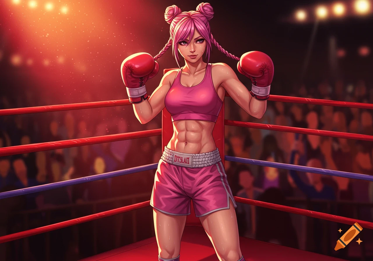 Anime woman boxer with pink hair and abs, wearing a pink sports bra, shorts, and boxing gloves, standing in a red boxing ring.