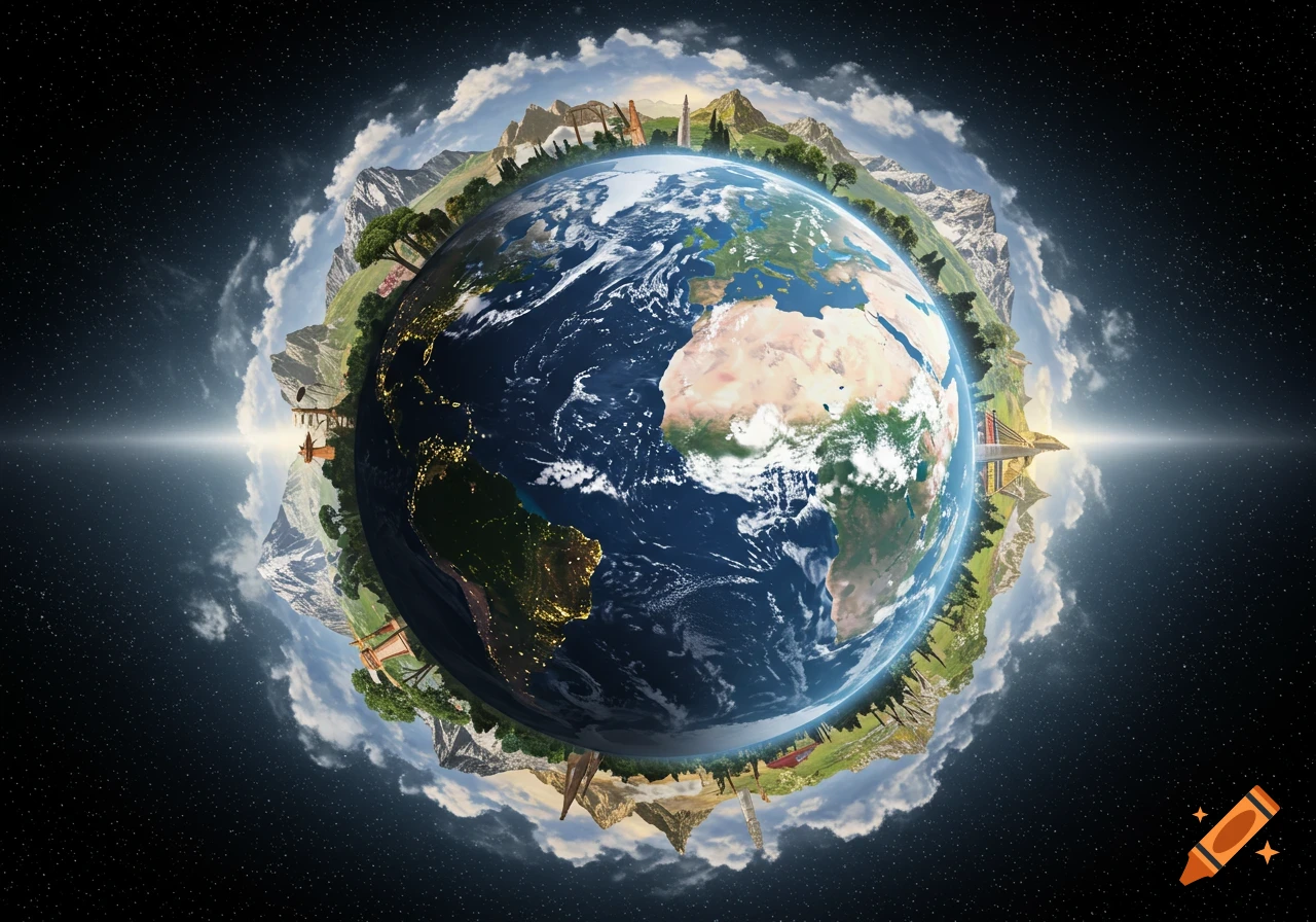 Planet Earth seen from space, surrounded by a swirling band of diverse landscapes including mountains, forests, cities, and clouds, against a starry background.