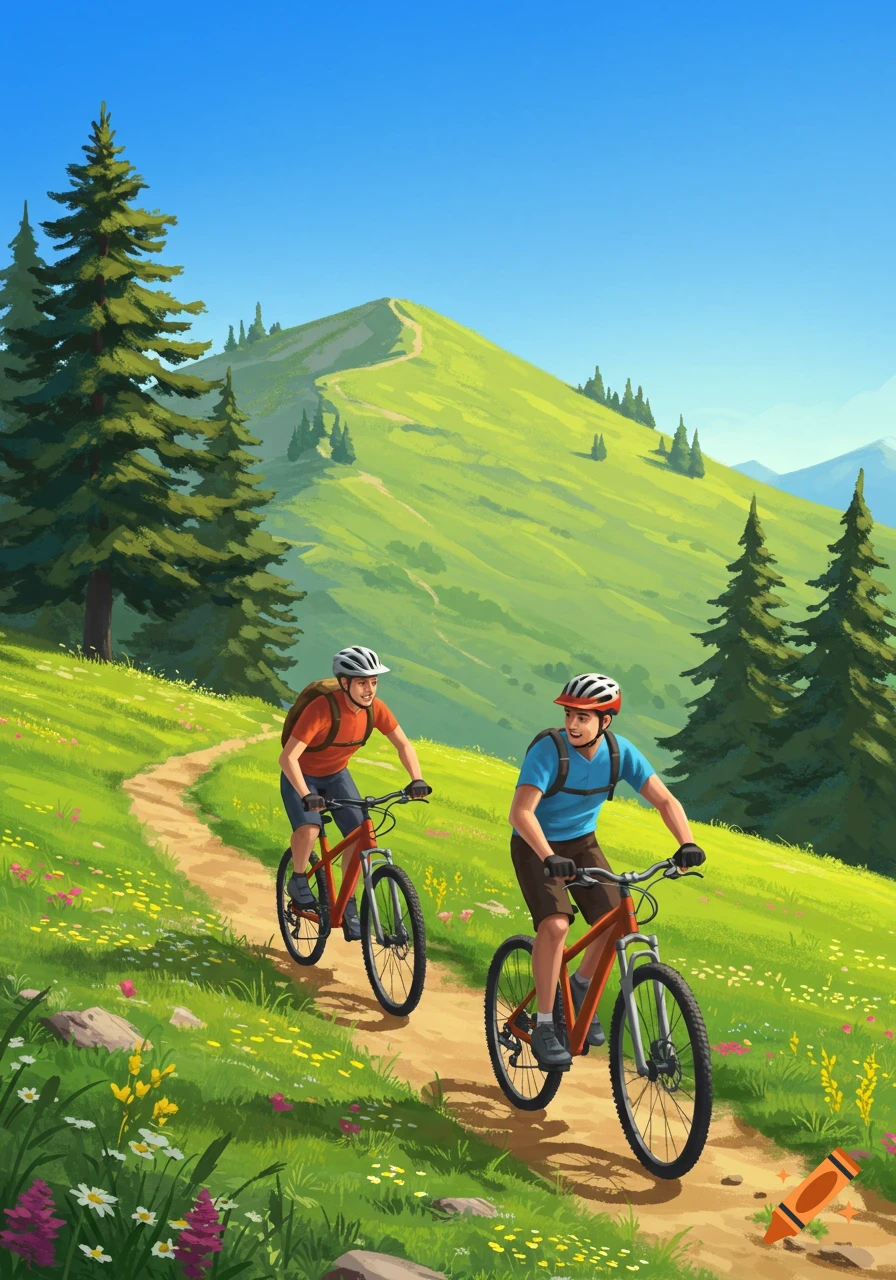 Two men mountain biking on a winding dirt path up a green, tree-covered mountain under a clear blue sky, in an illustrative style.