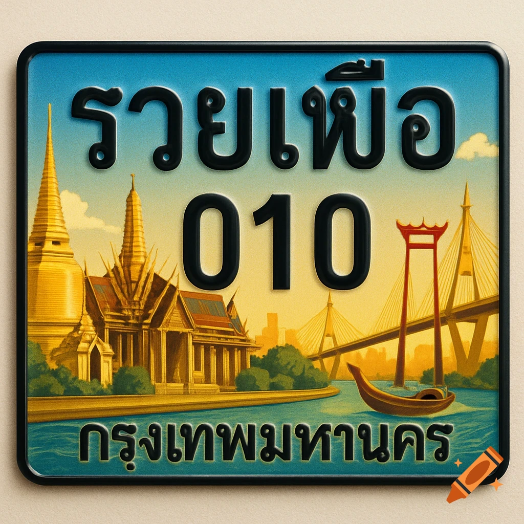 A graphic license plate featuring Bangkok landmarks like Wat Phra Kaew, the Giant Swing, and a bridge, with Thai text and numbers.