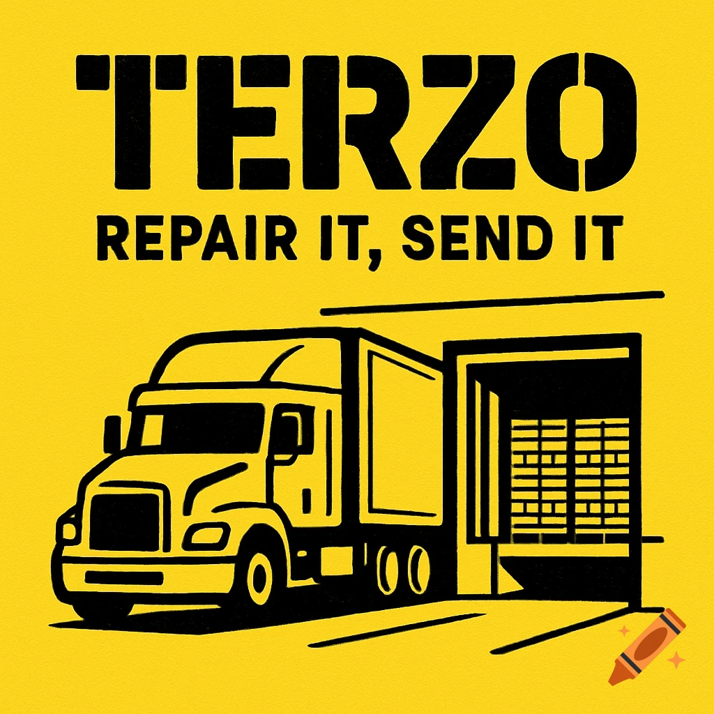Stylized illustration of a semi-trailer truck backed to a dock, with 'TERZO Repair It, Send It' text on a yellow background.