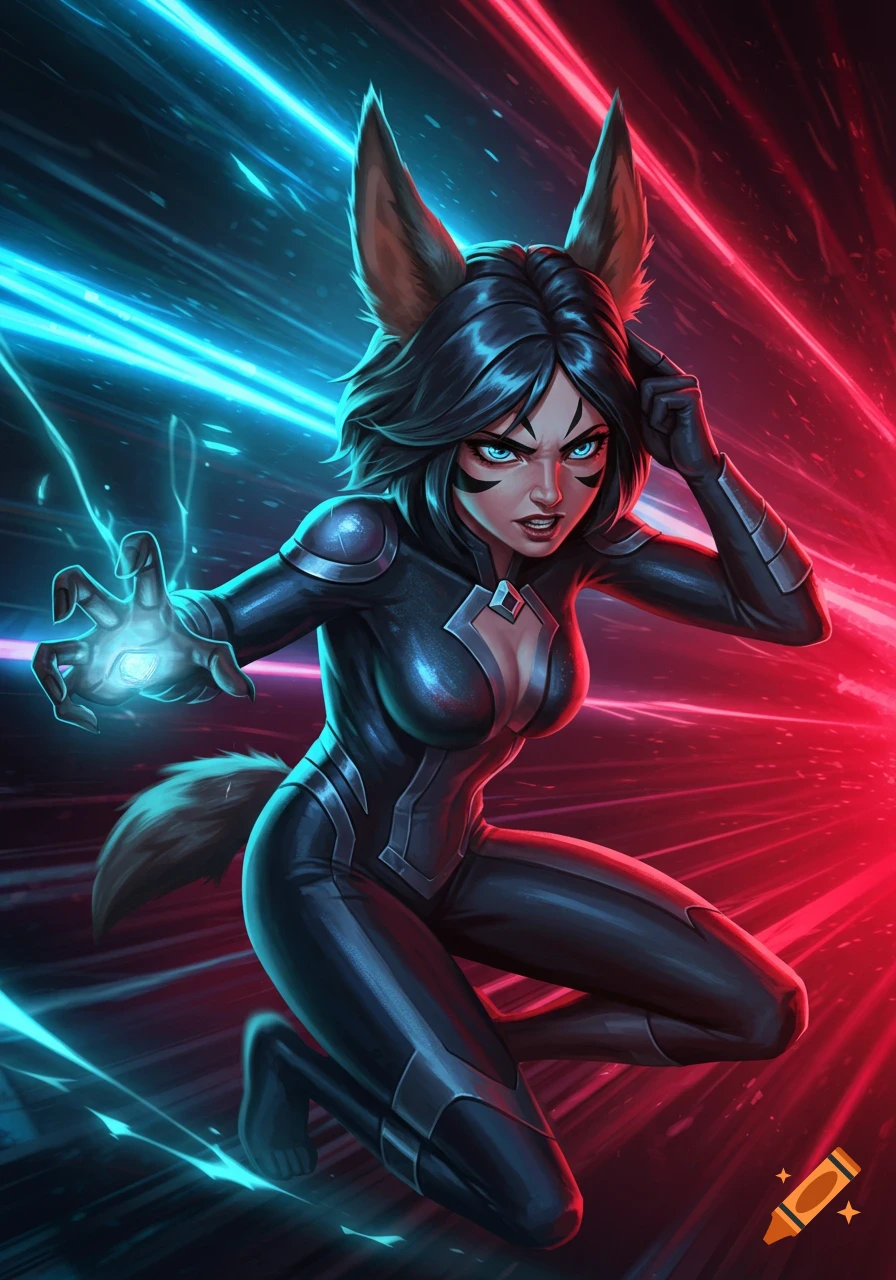 A powerful female superhero with fox ears and blue glowing eyes, wearing a black bodysuit, casting a spell against a neon red and blue background.