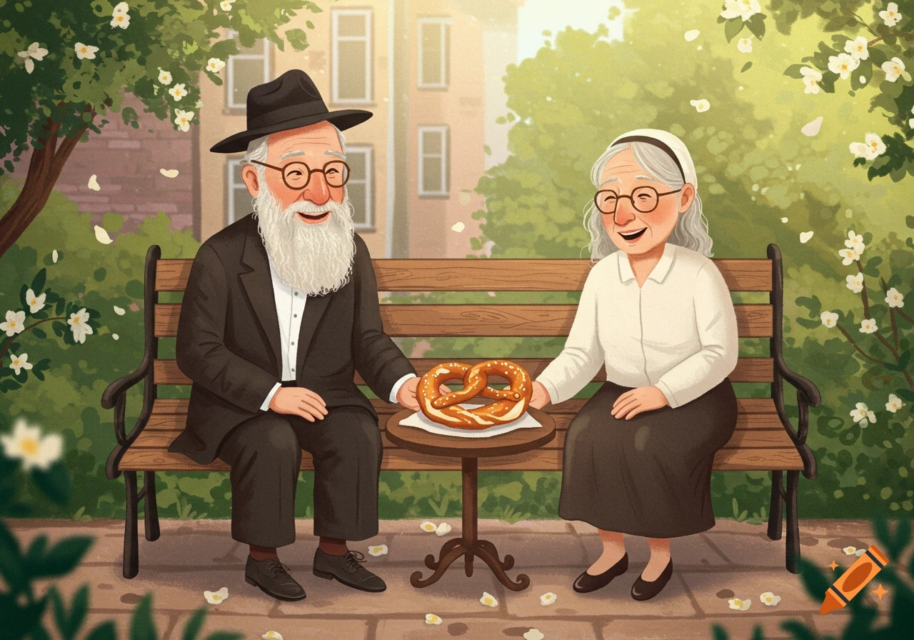 Elderly Jewish couple on a park bench, sharing a pretzel and smiling. Illustrated style.